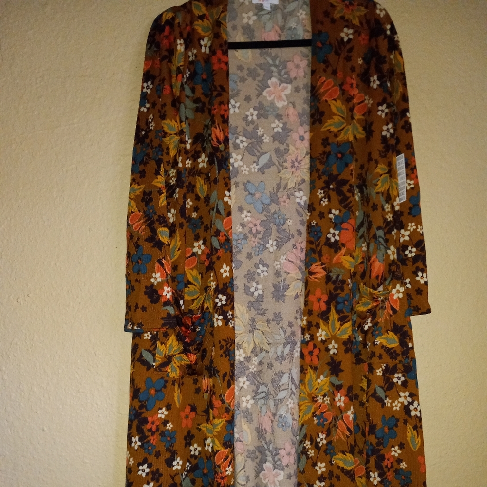 LulaRoe Sarah duster cardigan mustard yellow floral print. Pockets. Size M